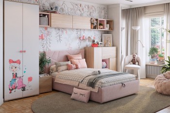 Комплект детской мебели Алина К2 Дуб мария/белый/нежно-розовый велюр в Барнауле - barnaul.mebel54.com | фото
