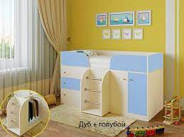 Кровать-чердак Малыш-4 Дуб молочный/Голубой в Барнауле - barnaul.mebel54.com | фото