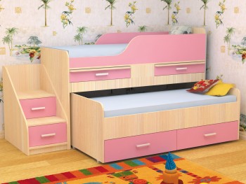 Кровать детская Лесики двухместная 1.8  Дуб молочный/Розовый в Барнауле - barnaul.mebel54.com | фото