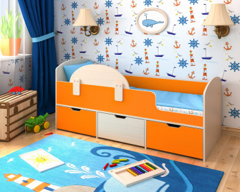Кровать Малыш-мини с бортиком Дуб молочный/Оранжевый в Барнауле - barnaul.mebel54.com | фото