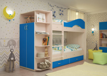 Кровать Мая двухъярусная с ящиками и шкафом Млечный дуб/Голубой в Барнауле - barnaul.mebel54.com | фото