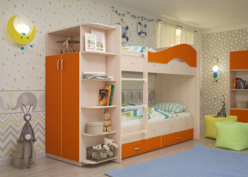 Кровать Мая двухъярусная с ящиками и шкафом Млечный дуб/Оранжевый в Барнауле - barnaul.mebel54.com | фото