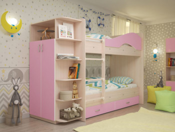 Кровать Мая двухъярусная с ящиками и шкафом Млечный дуб/Розовый в Барнауле - barnaul.mebel54.com | фото