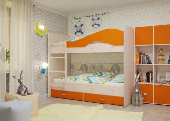 Кровать Мая двухъярусная с ящикамиМлечный дуб/Оранжевый в Барнауле - barnaul.mebel54.com | фото