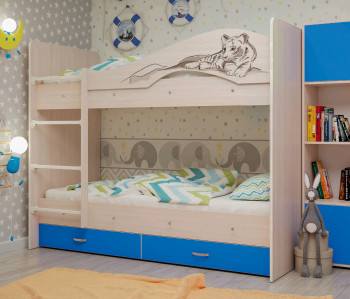 Кровать Мая-Сафари двухъярусная с ящикамиМлечный дуб/Голубой в Барнауле - barnaul.mebel54.com | фото