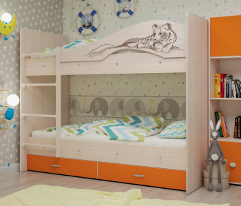 Кровать Мая-Сафари двухъярусная с ящикамиМлечный дуб/Оранжевый в Барнауле - barnaul.mebel54.com | фото