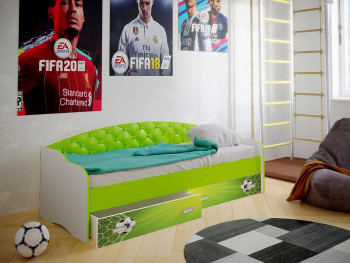 Кровать Софа-8 с мягкой спинкой фотопечать Футбол (900х1900) Белый/Лайм в Барнауле - barnaul.mebel54.com | фото