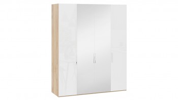 Шкаф комбинированный с 2 глухими и 2 зеркальными дверями «Эмбер» Яблоня Беллуно/Белый глянец в Барнауле - barnaul.mebel54.com | фото